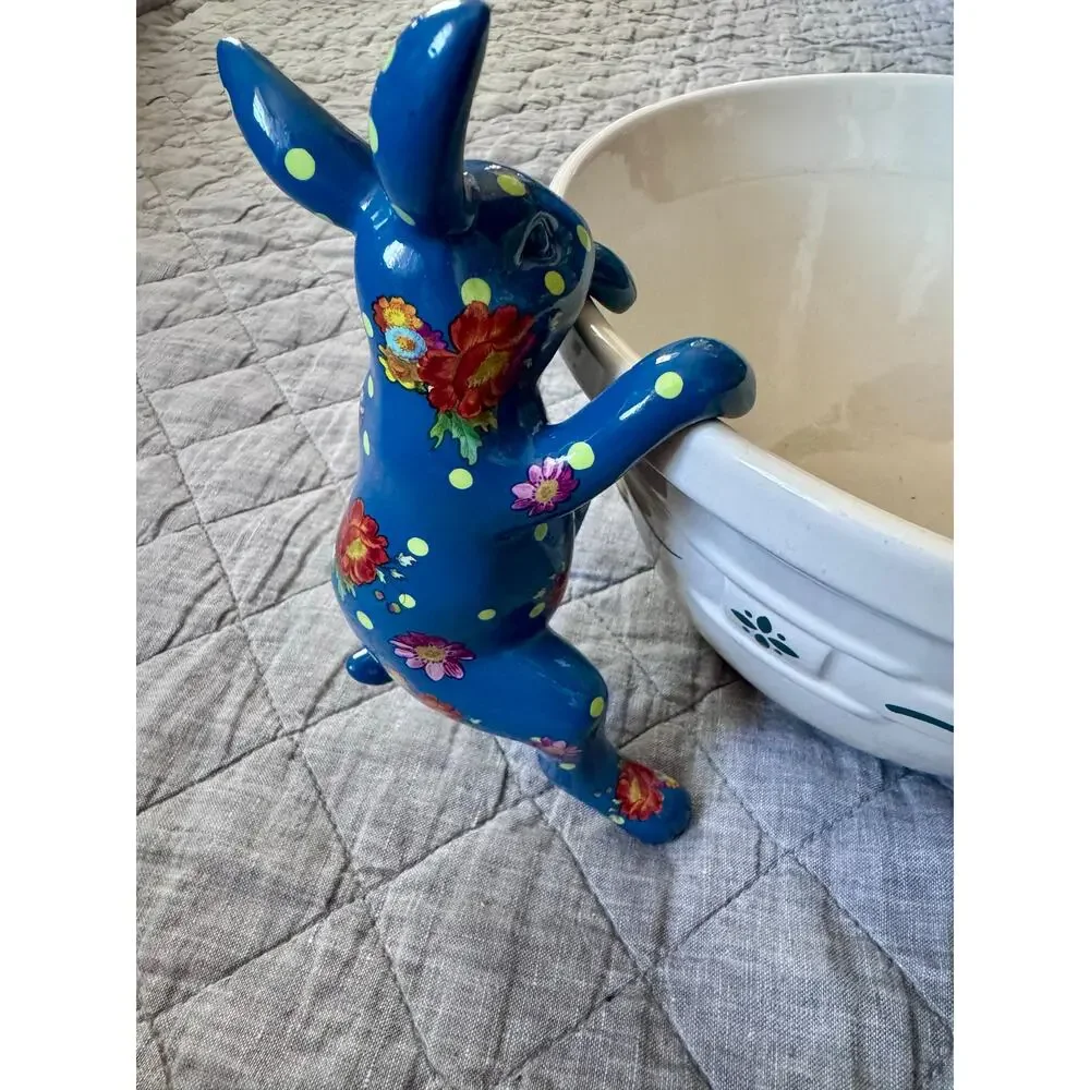 MacKenzie-Childs Lapis Flower Funny Bunny Pot Climber Blue